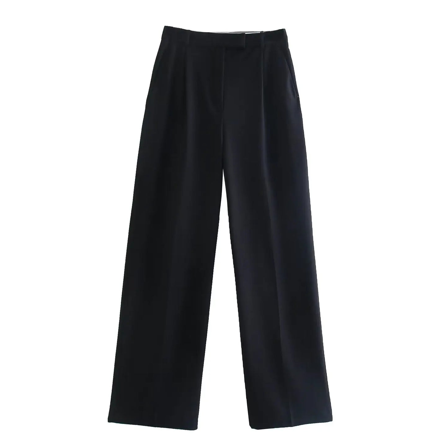 Calças femininas vintage de cintura alta com fecho frontal, corte reto e estilo chic.