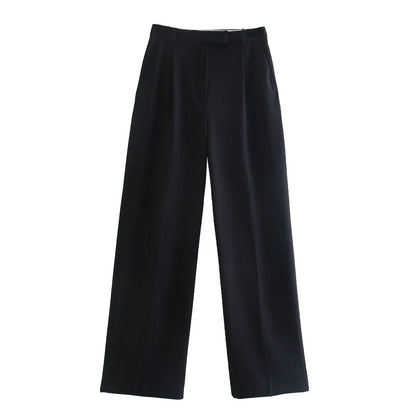 Calças femininas vintage de cintura alta com fecho frontal, corte reto e estilo chic.