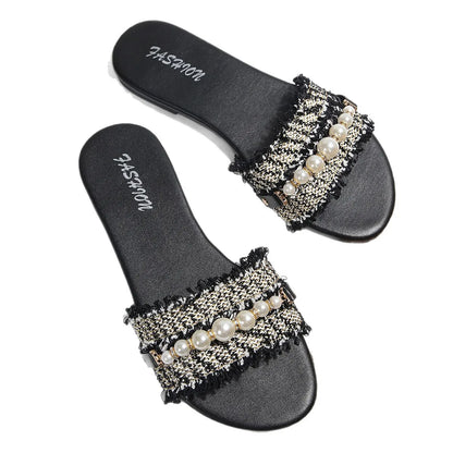 Sandálias Femininas com Fivela de Pérola Corrente Elegante