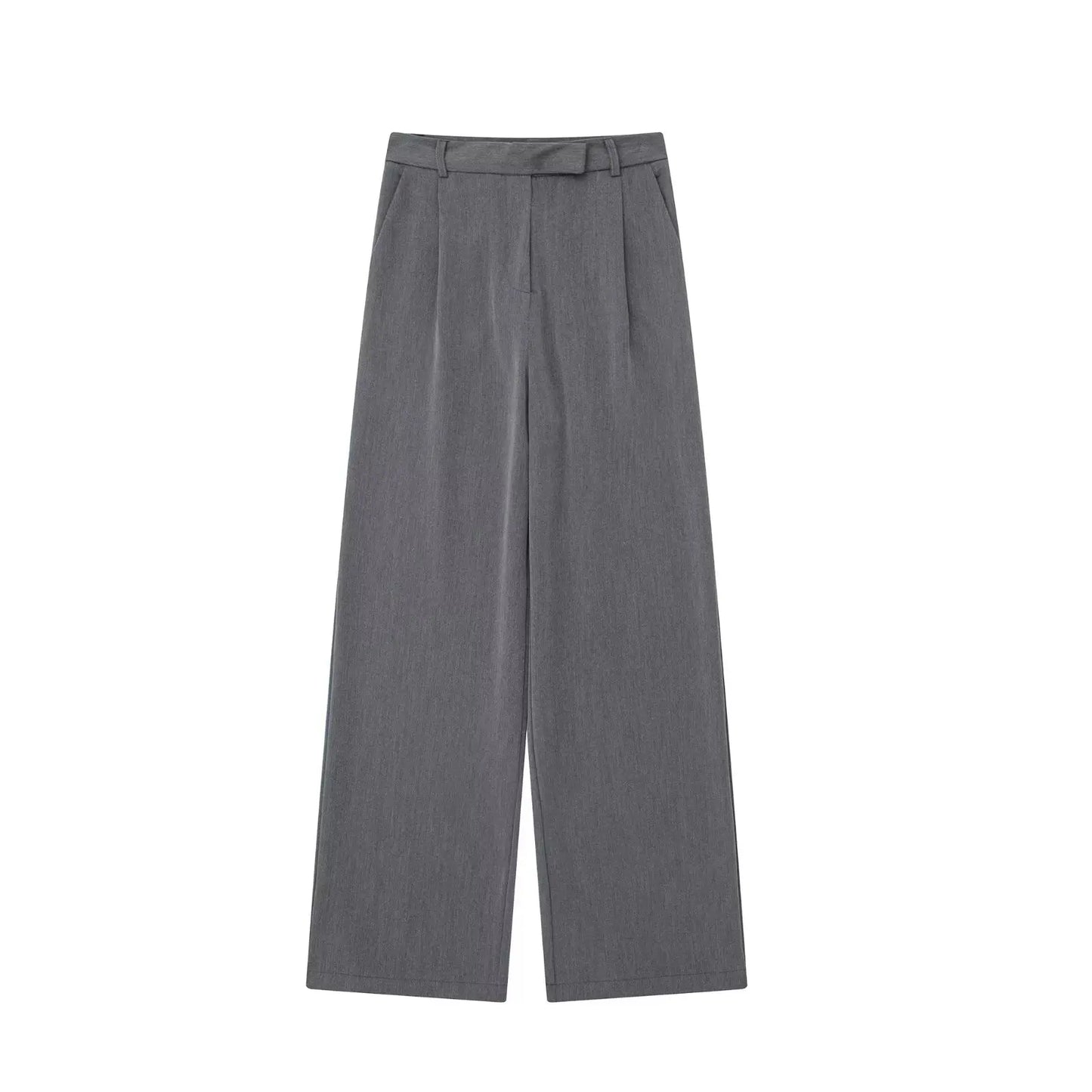 Calças femininas vintage de cintura alta com fecho frontal, corte reto e estilo chic.