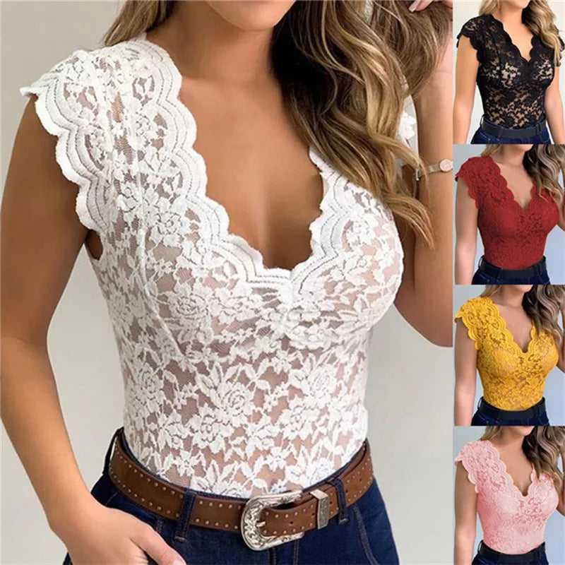 Top feminino de renda com decote em V e corte justo