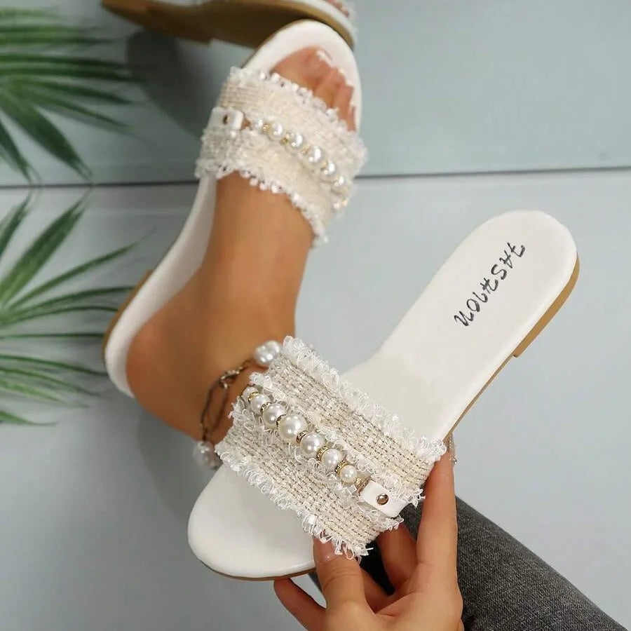 Sandálias Femininas com Fivela de Pérola Corrente Elegante
