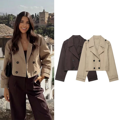 Trench Coat Curto de Abotoamento Duplo – Outerwear Vintage e Chic