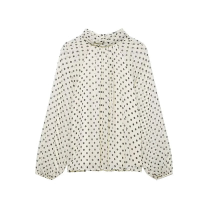 Blusa com Estampado de Bolinhas – Elegante com Laço e Manga Comprida