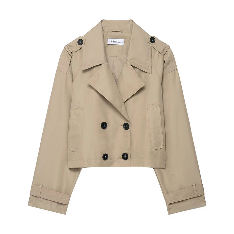 Trench Coat Curto de Abotoamento Duplo – Outerwear Vintage e Chic