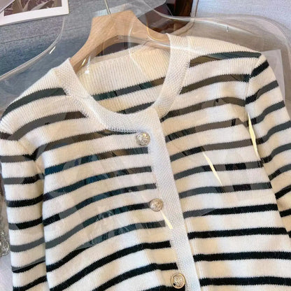 Cardigan de Malha às Riscas – Cropped de Manga Comprida