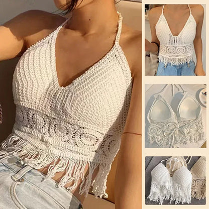 Top Cropped Halter em Crochet – Bralette de Praia com Franjas