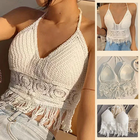 Top Cropped Halter em Crochet – Bralette de Praia com Franjas