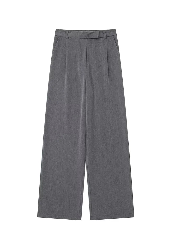 Calças femininas vintage de cintura alta com fecho frontal, corte reto e estilo chic.