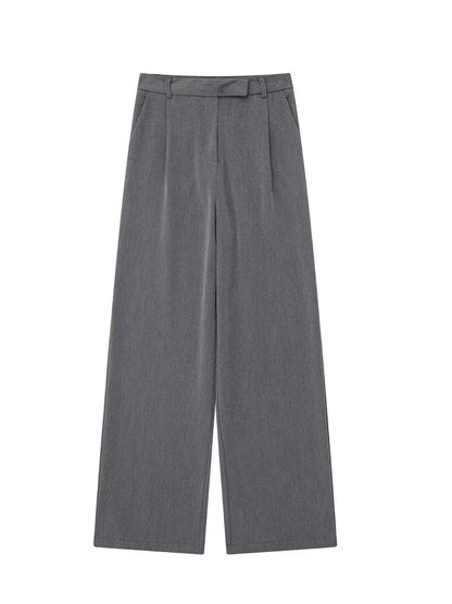 Calças femininas vintage de cintura alta com fecho frontal, corte reto e estilo chic.