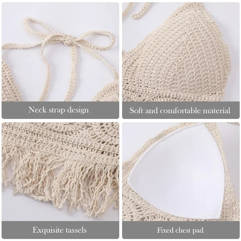 Top Cropped Halter em Crochet – Bralette de Praia com Franjas