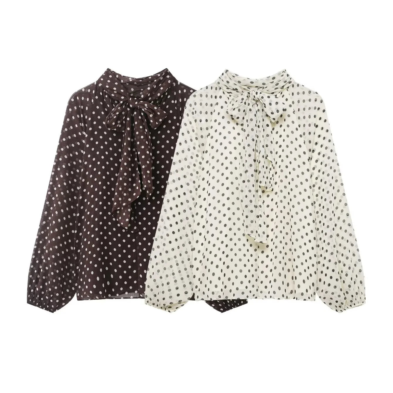 Blusa com Estampado de Bolinhas – Elegante com Laço e Manga Comprida