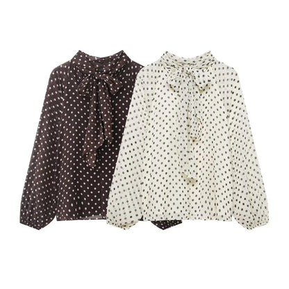 Blusa com Estampado de Bolinhas – Elegante com Laço e Manga Comprida