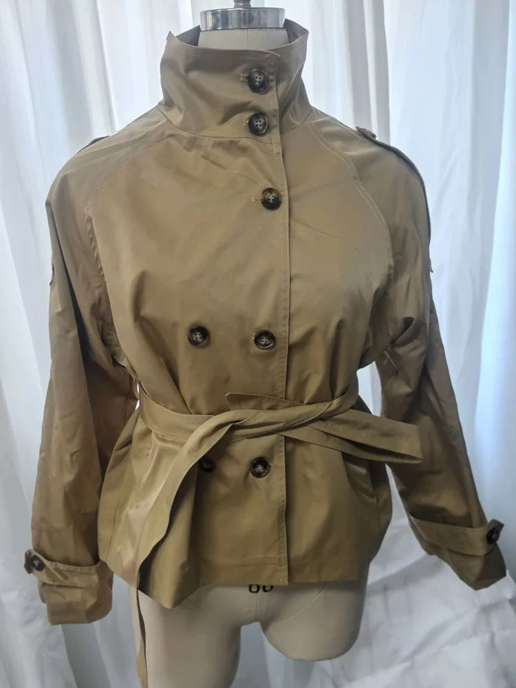 Jaqueta Trench Cropped com Cinto – Casaco Vintage de Abotoamento Duplo