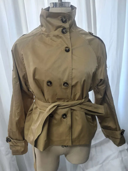 Jaqueta Trench Cropped com Cinto – Casaco Vintage de Abotoamento Duplo