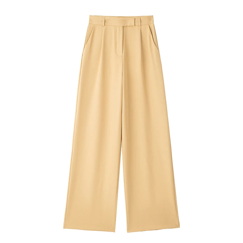 Calças femininas vintage de cintura alta com fecho frontal, corte reto e estilo chic.