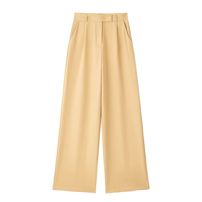 Calças femininas vintage de cintura alta com fecho frontal, corte reto e estilo chic.
