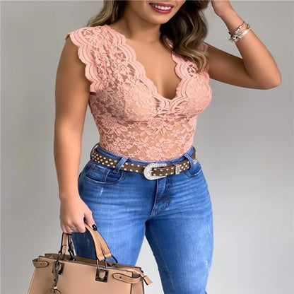Top feminino de renda com decote em V e corte justo