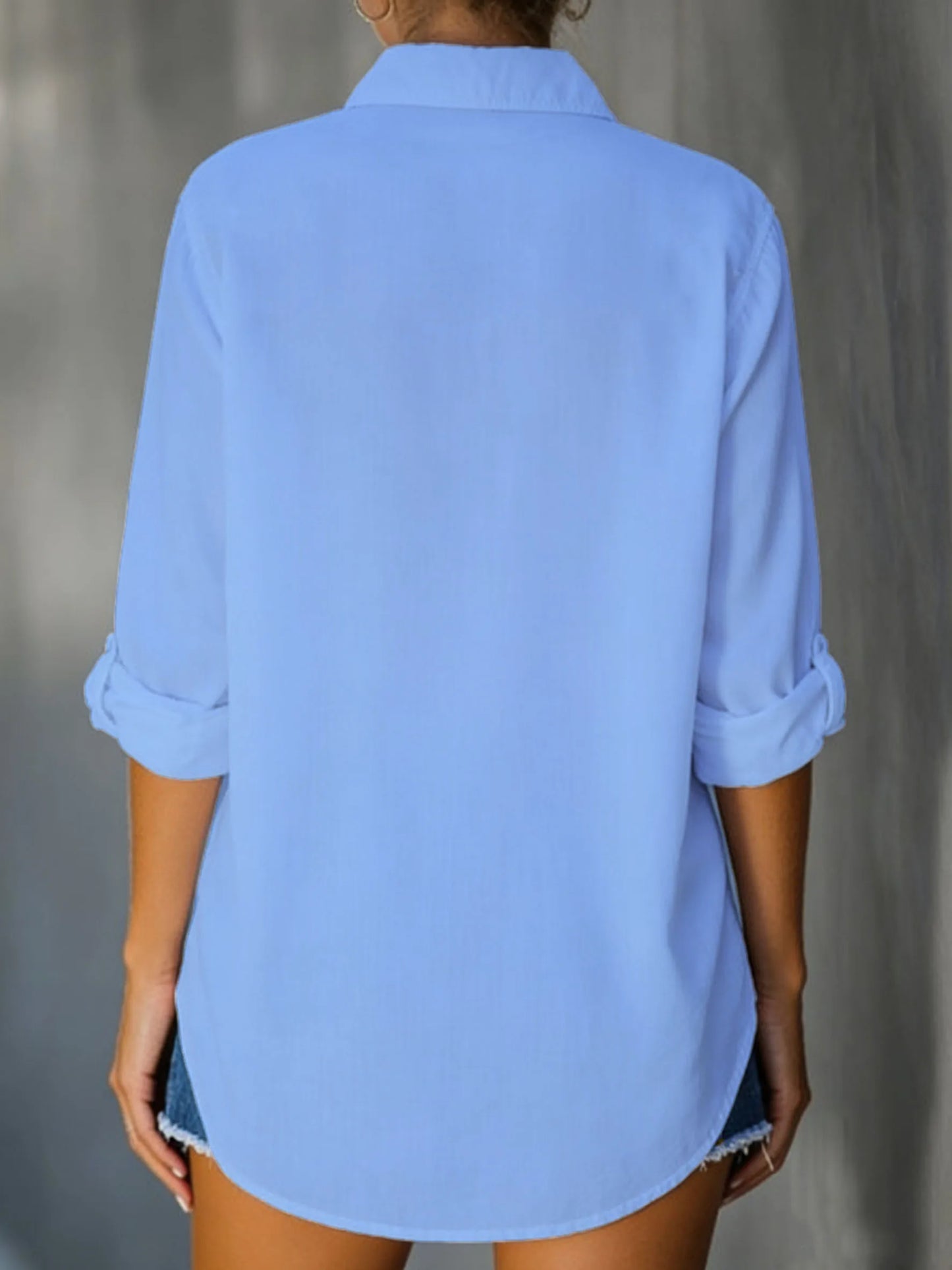 Camisa Folgada de Cor Sólida – Blusa Casual com Botões