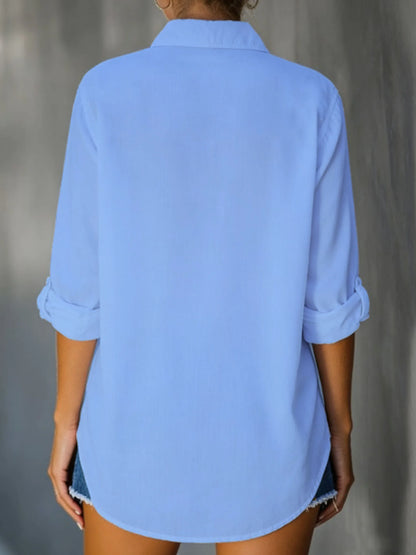 Camisa Folgada de Cor Sólida – Blusa Casual com Botões