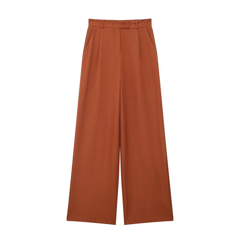 Calças femininas vintage de cintura alta com fecho frontal, corte reto e estilo chic.