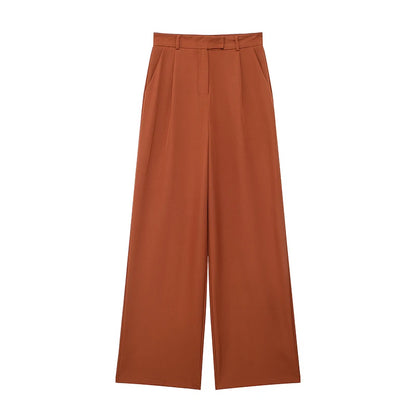 Calças femininas vintage de cintura alta com fecho frontal, corte reto e estilo chic.