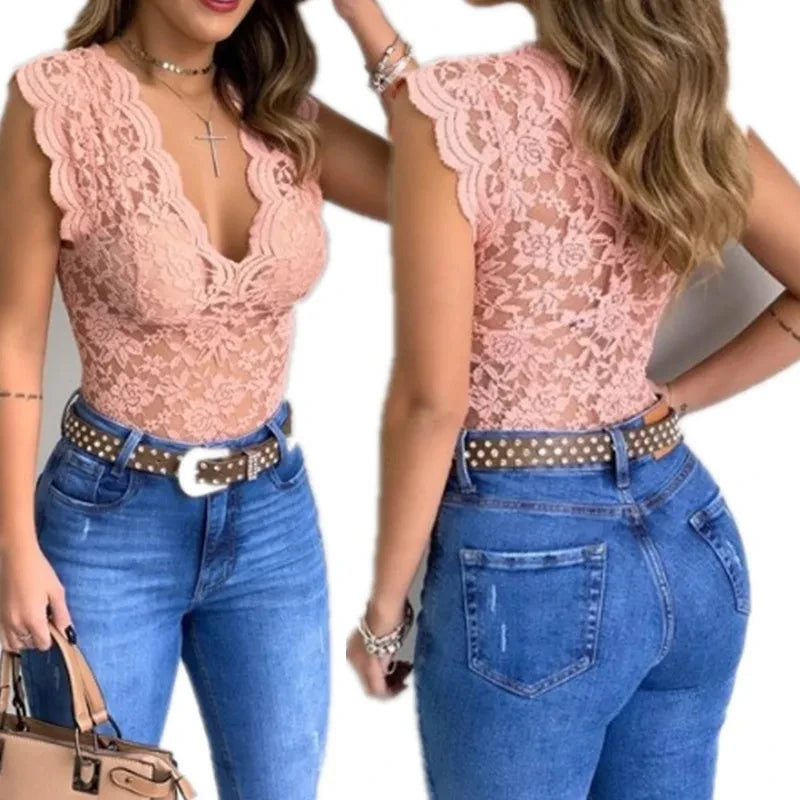 Top feminino de renda com decote em V e corte justo
