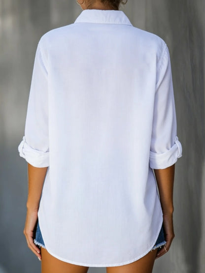 Camisa Folgada de Cor Sólida – Blusa Casual com Botões