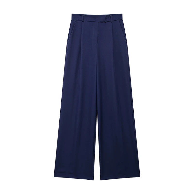 Calças femininas vintage de cintura alta com fecho frontal, corte reto e estilo chic.
