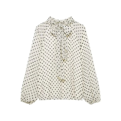 Blusa com Estampado de Bolinhas – Elegante com Laço e Manga Comprida