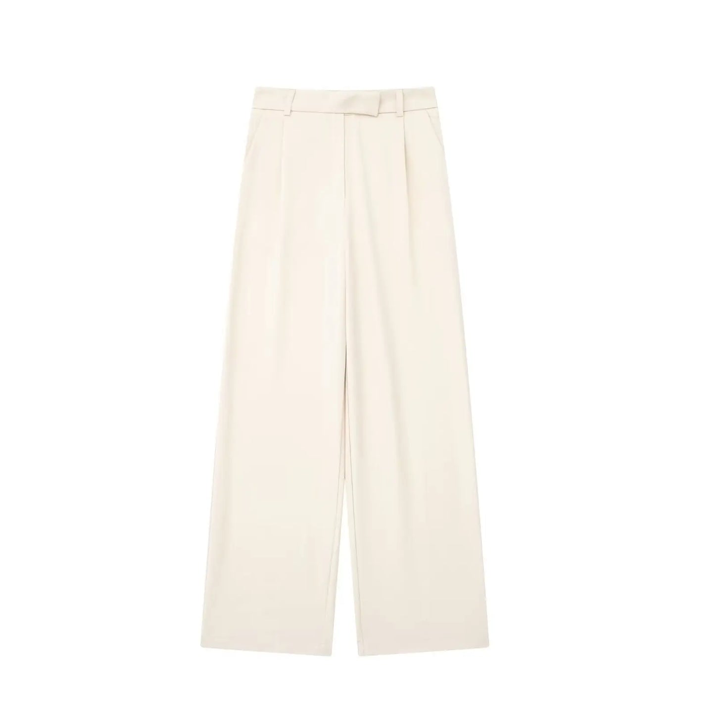 Calças femininas vintage de cintura alta com fecho frontal, corte reto e estilo chic.