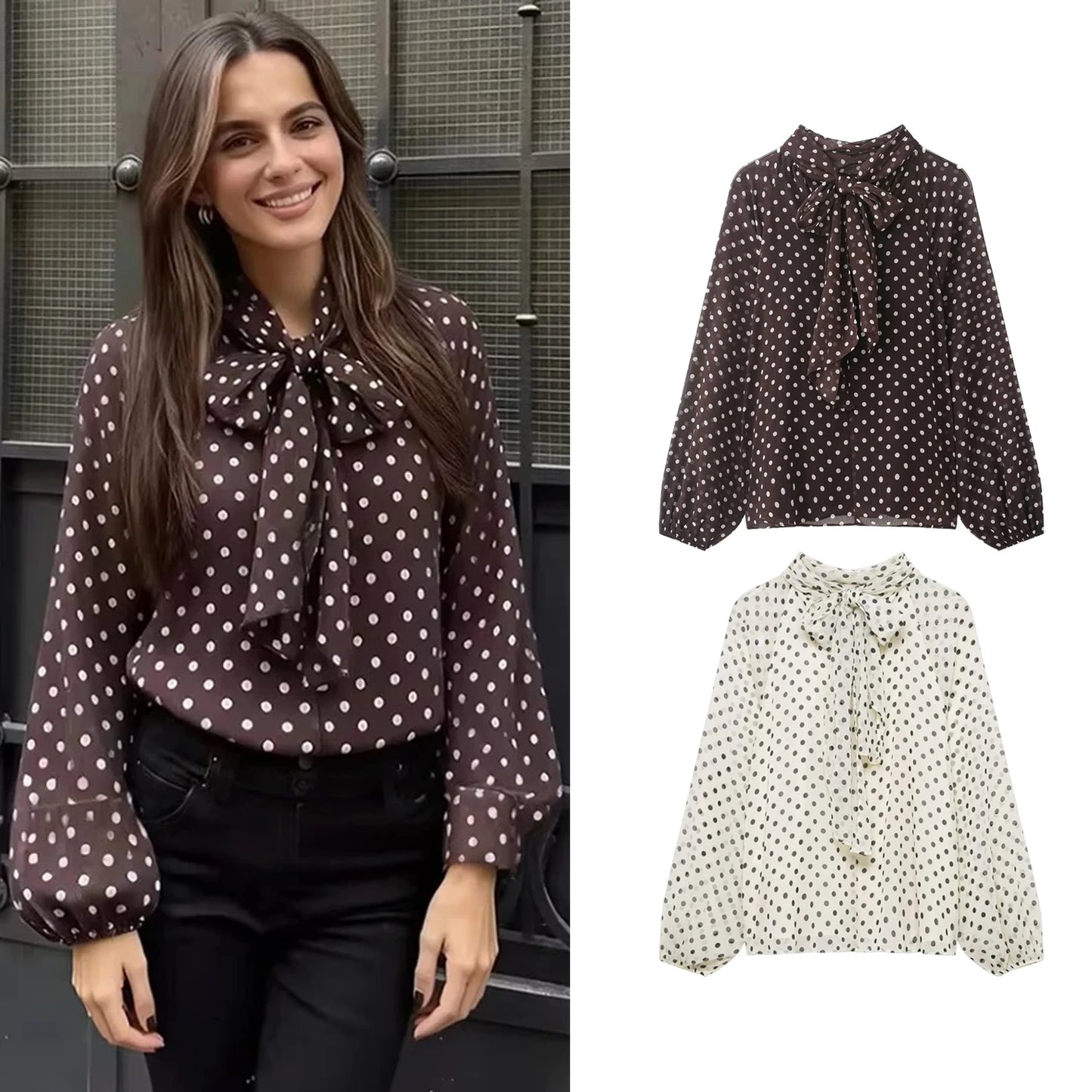 Blusa com Estampado de Bolinhas – Elegante com Laço e Manga Comprida
