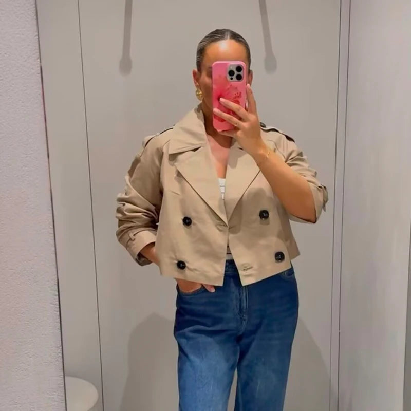 Trench Coat Curto de Abotoamento Duplo – Outerwear Vintage e Chic