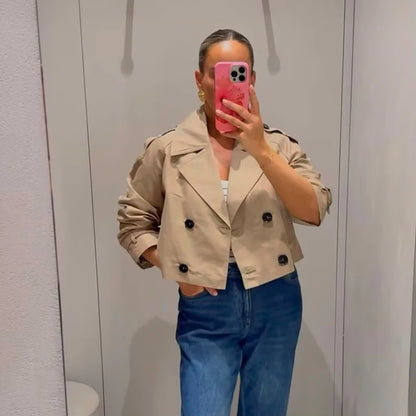Trench Coat Curto de Abotoamento Duplo – Outerwear Vintage e Chic